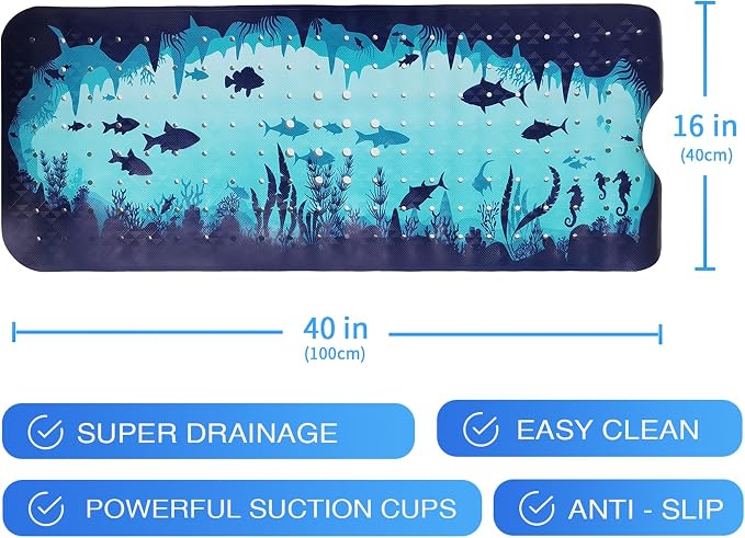 Blue Bathtub Mat Non Slip 40x16in Extra Long Bath Mat - Image 7