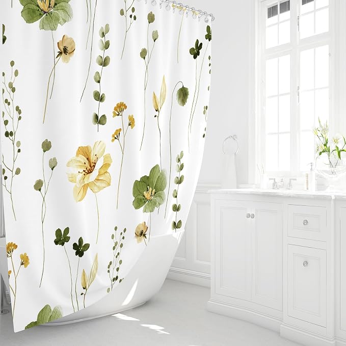 Gibelle Watercolor Floral Shower Curtain, Olive Green Beige Flower Shower - Image 2