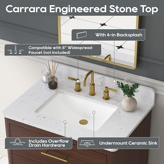 30 Inch Bathroom Vanity with Sink, Solid Wood Frame with Engineered Marble - Image 3