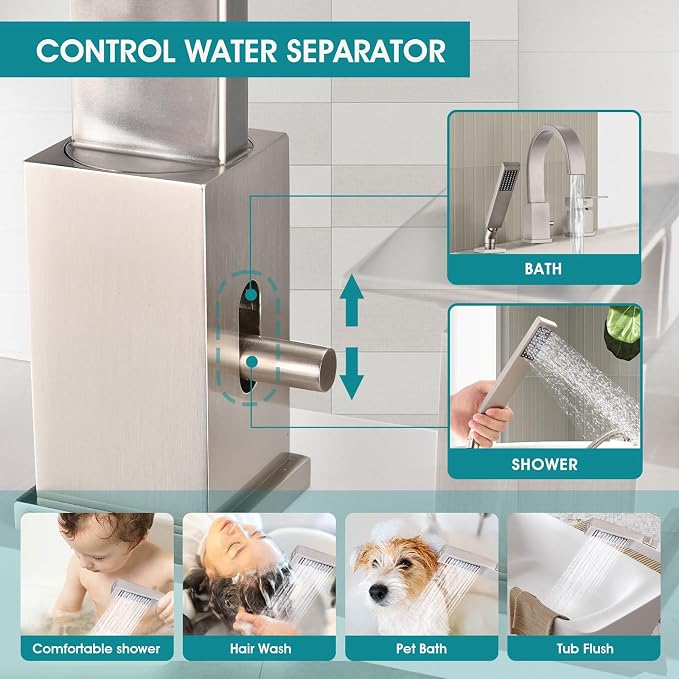 Brass Roman Tub Faucet with Sprayer, Deck Mount Bathtub Faucet with Hand Shower - Image 6