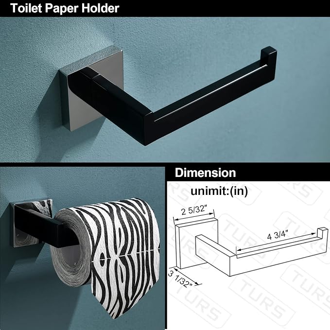 TURS 5-Piece Bathroom Hardware Set Matte Black and Polished Chrome Towel Bar - Image 3