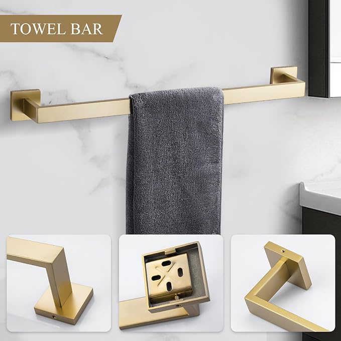 TURS Brushed Gold Bathroom Accessory Set 4-Pieces Bathroom Hardware Set Square - Image 2