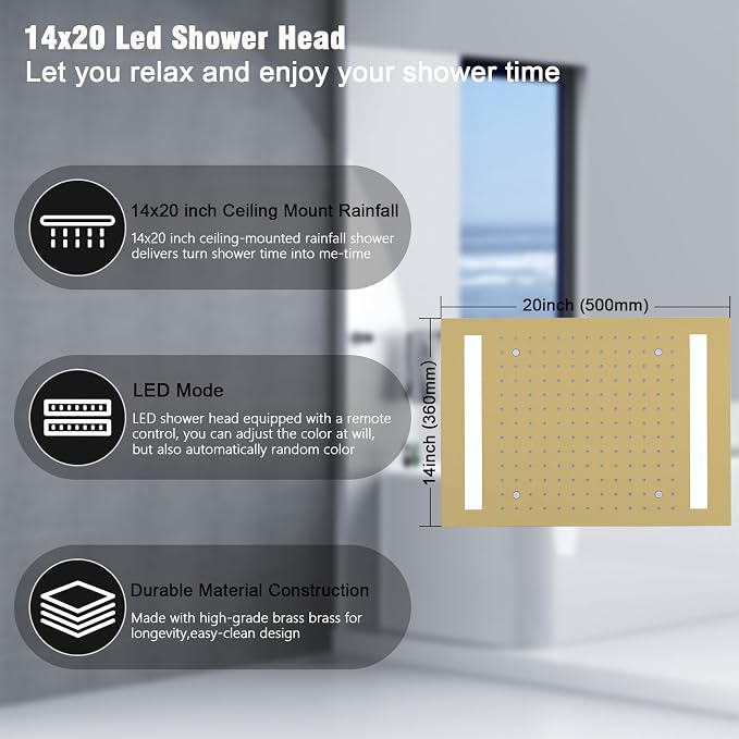 Rain Shower Head System with 14x20 Inch Ceiling Mount LED Head & 6 Inch Wall - Image 3