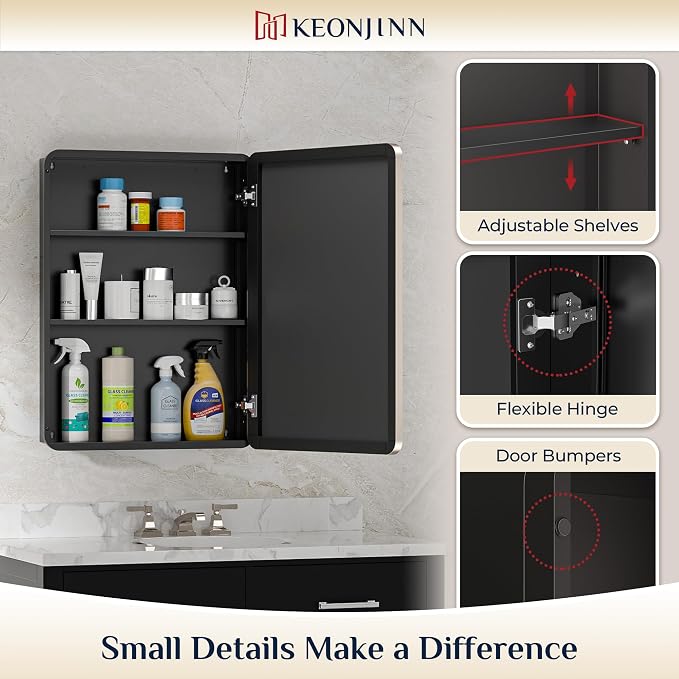 Keonjinn 24 x 32 Inch Brushed Nickel Mirrored Medicine Cabinet, Recessed - Image 7