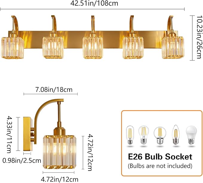 5-Light Crystal Vanity Light, Modern Gold Bathroom Wall Sconce - Image 4
