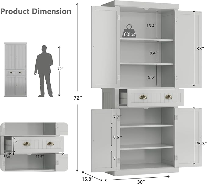 72" Kitchen Pantry, Tall Storage Cabinets - Image 3