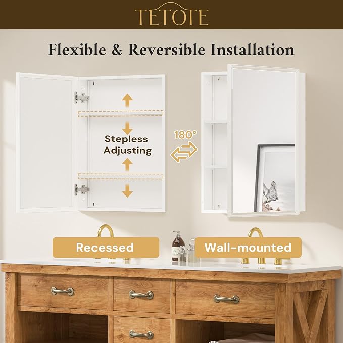 TETOTE White Medicine Cabinet Storage 24" x 30" Medicine Cabinet - Image 9