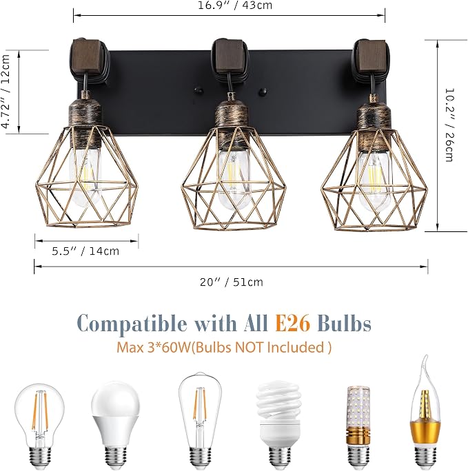 Farmhouse Bathroom Light Fixtures, 3-Light Bathroom Lighting Fixtures Over - Image 4