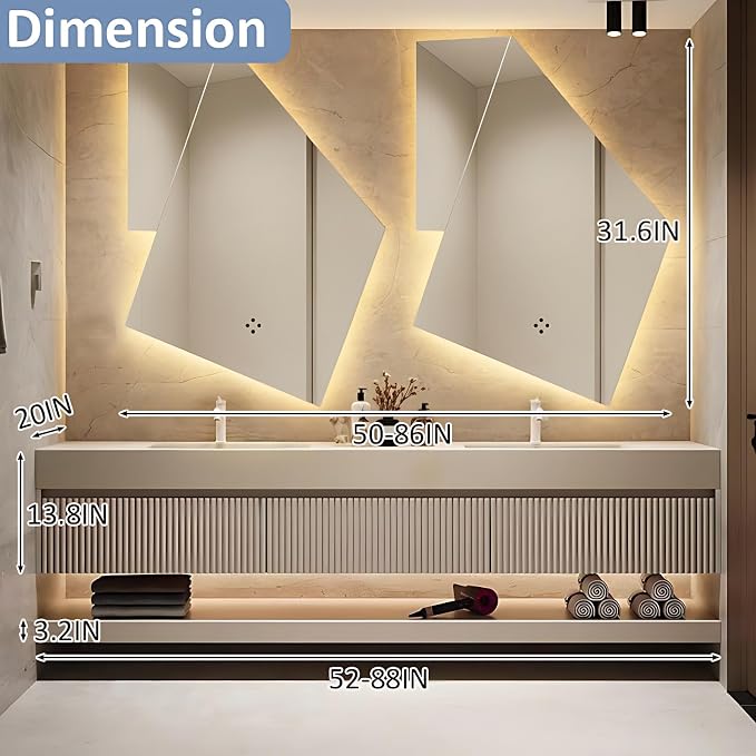 Double Basin Floating Bathroom Vanity, LED Defogging Mirror, Striped 3 Drawers - Image 2