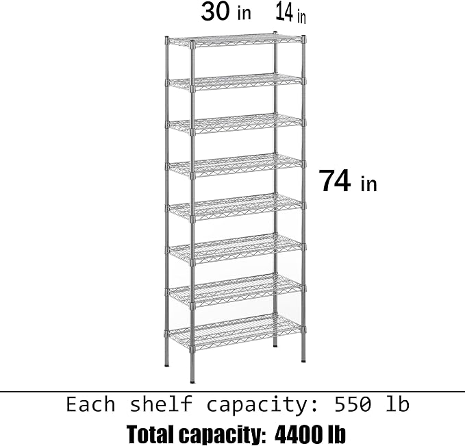 14" Deep x 30" Wide x 74" Height Wire Shelving Kit | 8-Tier | NSF Commercial - Image 3