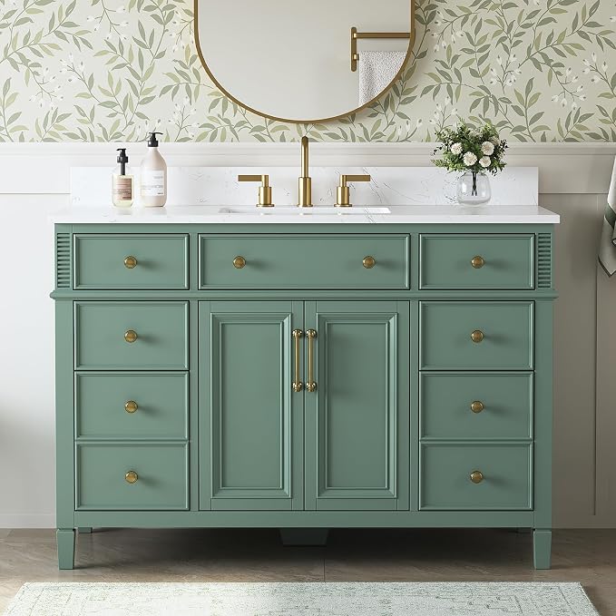48" Bathroom Vanity with Sink, Sea Green Painted Vanity with Countertop & by DELUXELIVING