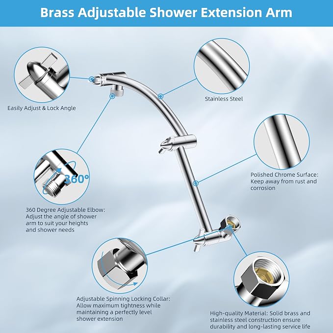 Hibbent All Metal Rain Shower Head, Solid Brass Adjustable Shower Arm Extender - Image 3