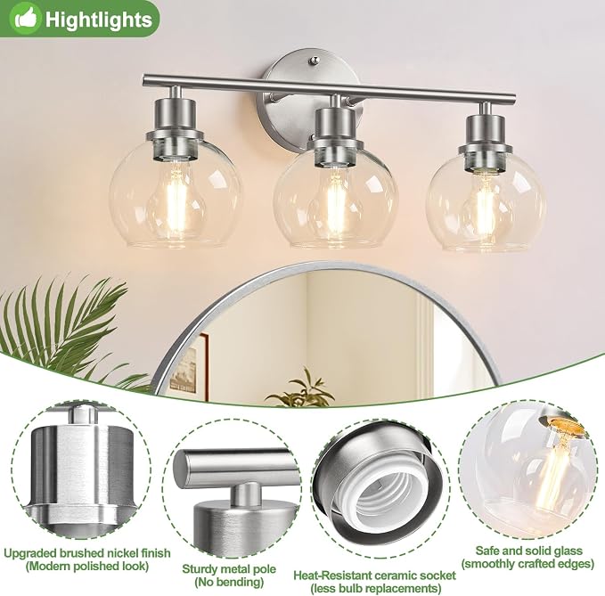 3-Light Bathroom Light Fixtures, Brushed Nickel Modern Vanity Lights Over Mirror - Image 3