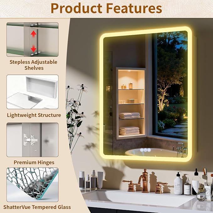 BEAUTYPEAK 24 x 32 LED Bathroom Medicine Cabinet Mirror, Adjustable Shelves - Image 3