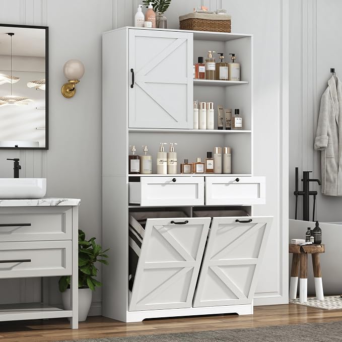 78" Tall Tilt-Out Double Doors Laundry Cabinet Hamper w Hidden Laundry Hamper - Image 8