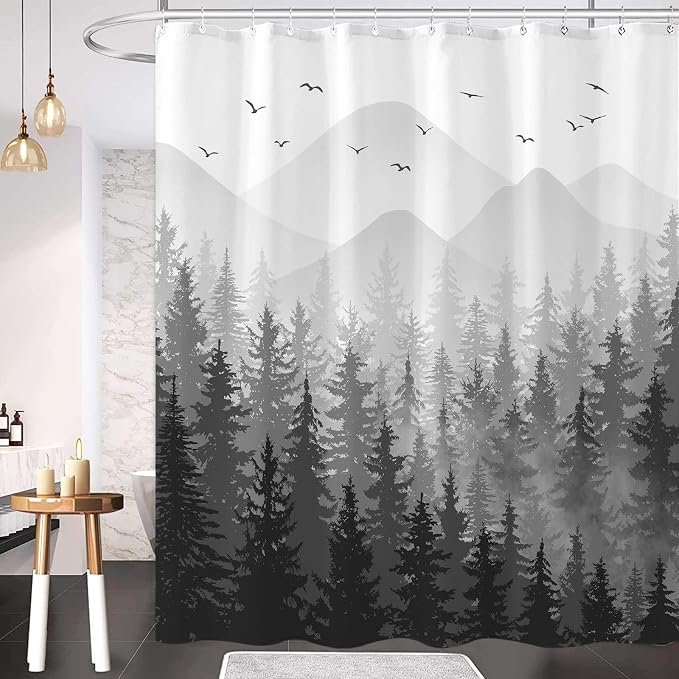 Aipon Black Misty Forest Shower Curtain Gray Ombre Nature Tree Plants Shower - Image 2