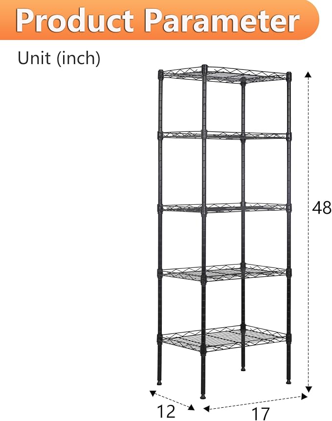 BestOffice | 5-Tier Wire Storage Shelves | 17x12x48 | Black | - Image 3