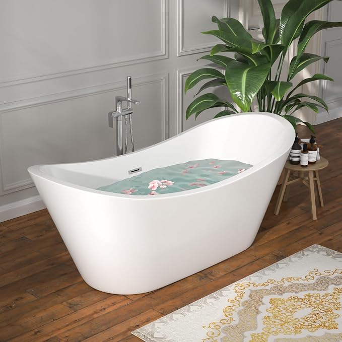 67" Freestanding Acrylic Bathtub – White Double Slipper Soaking Tub - Image 3
