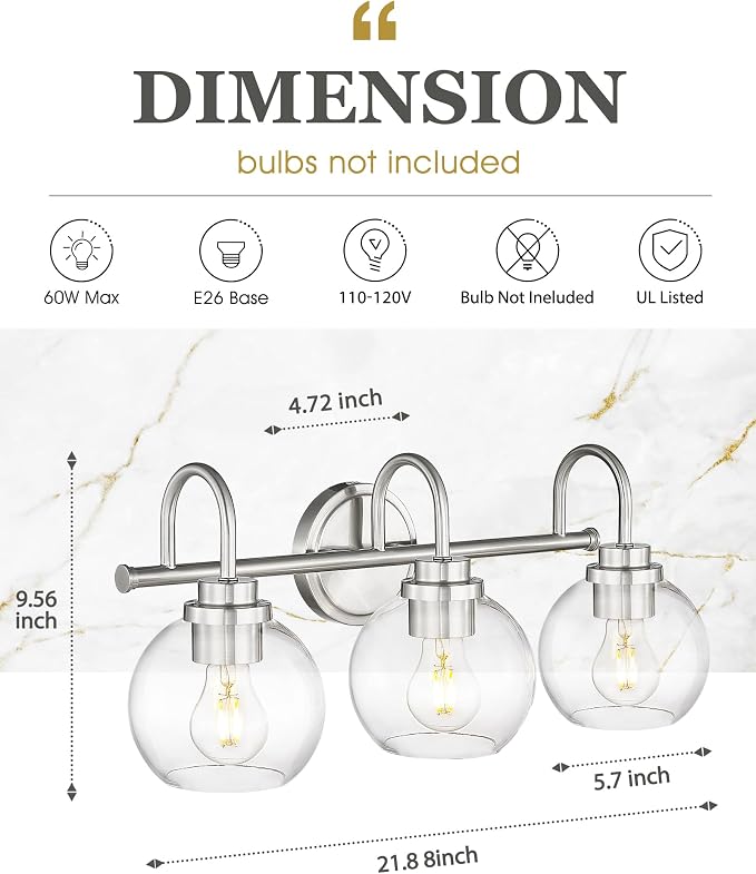 Bathroom Light Fixtures, 3-Light Brushed Nickel Vanity Lights Over Mirror - Image 2