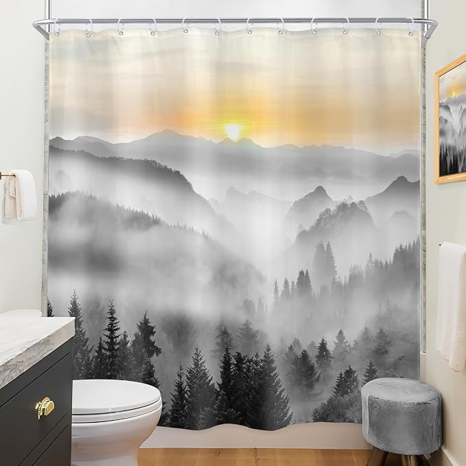 Riyidecor Misty Mountain Shower Curtain 72Wx72H Inch Black Sunrise Foggy - Image 4