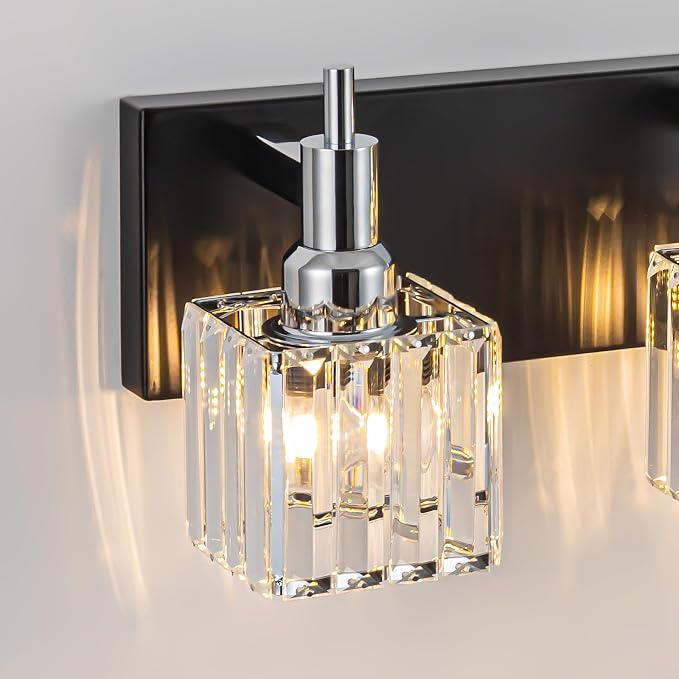 Black Chrome Bathroom Vanity Lights, Modern 3 Lights Crystal Bathroom Lighting - Image 4
