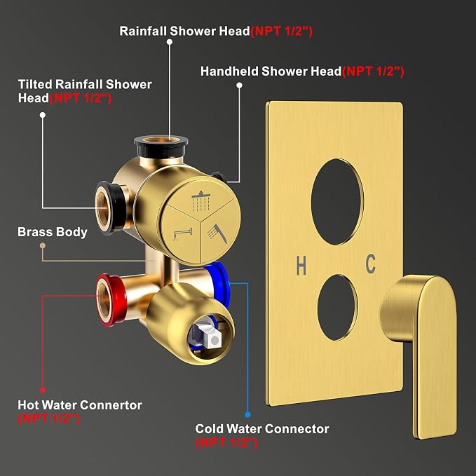 Shower Faucet Set, 3-Setting Push Button Brushed Gold Shower System, 12 Inch - Image 6