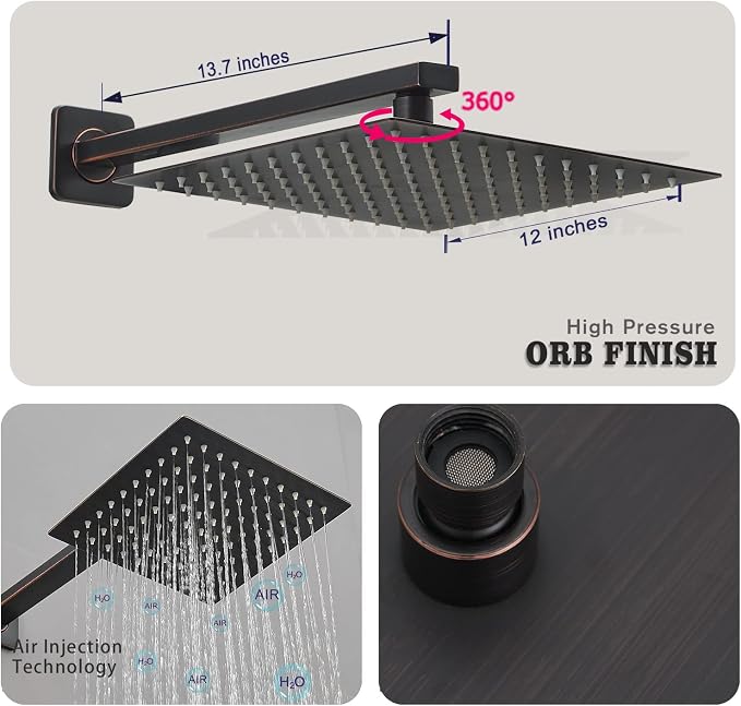 Oil Rubbed Bronze rain Shower Faucet Set Shower System 12 Inches Square Shower - Image 3
