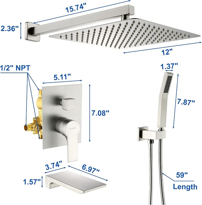 SHAMANDA Shower System with Waterfall Tub Spout and Handheld Shower Head - Image 7