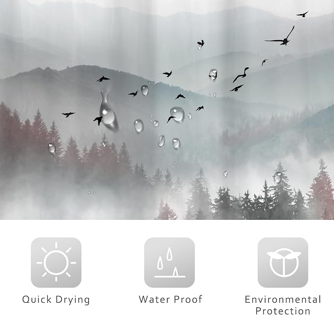 Riyidecor Red Black Mountain Shower Curtain 60Wx72H Inch Nature Woods Scenery - Image 6