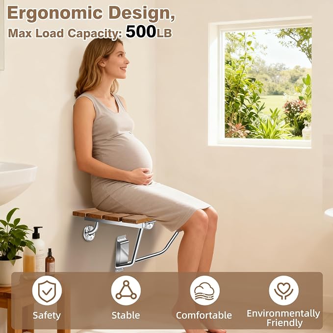 20'' Folding Shower Seat Wall Mounted, Folding Shower Bench - Image 5