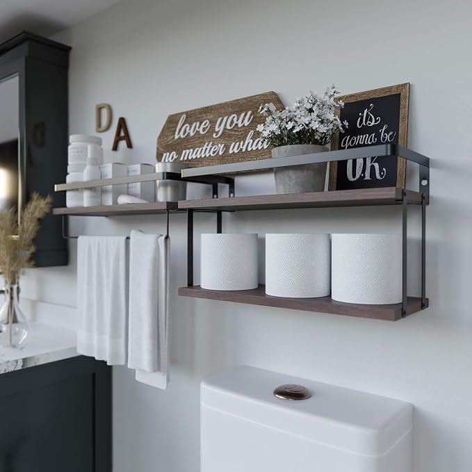 RICHER HOUSE 2+1 Tier Wall Mounted Floating Shelves Set of 2, Rustic Wood Shelf - Image 4