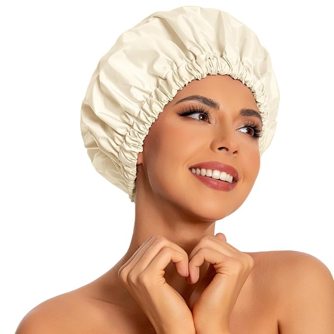 Reusable Shower Cap for Women, Large Waterproof Shower Essentials Bonnet by Edoneery
