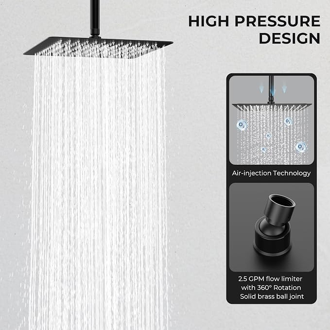 Rain Shower Head, High Flow Stainless Steel Square Rainfall Shower, Waterfall - Image 2