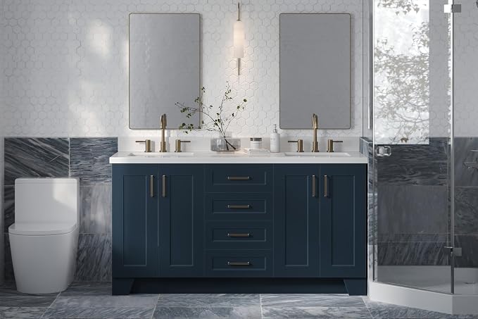 ARIEL Taylor 67" Midnight Blue Double Vanity, 1.5" Edge Pure White Quartz - Image 2