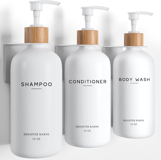 White Shampoo and Conditioner Dispenser Set Wall Mounted by Brighter Barns by BrighterBarns