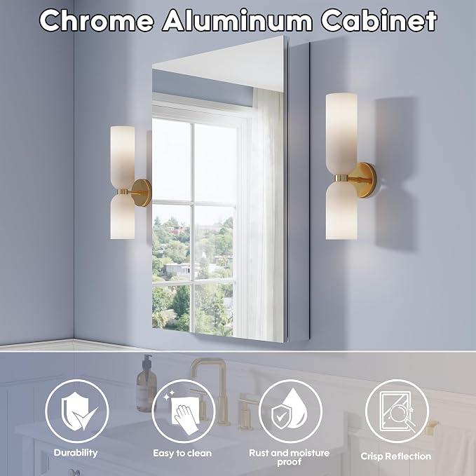 WELLFOR 24" x 36" Bathroom Medicine Cabinet, Anodized Chrome Aluminum Frame - Image 3