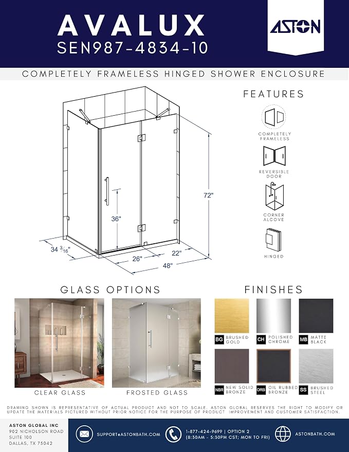 Avalux 48 in. W x 34 in. D x 72 in. H Rectangular Pivot Frameless Corner Shower - Image 3
