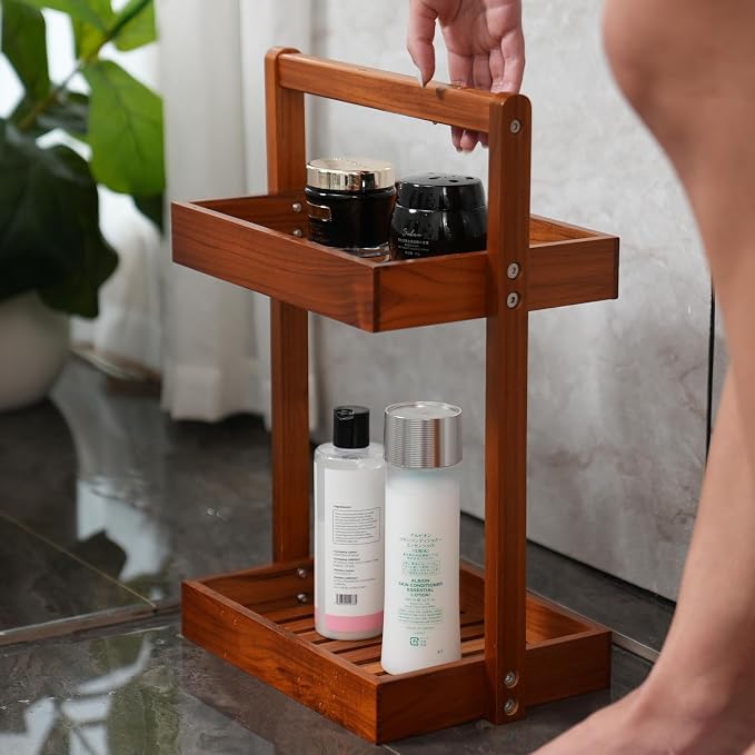 Utoplike Teak Wood Shower Caddy Corner, 2 Tier Bathroom Organizer Countertop - Image 5