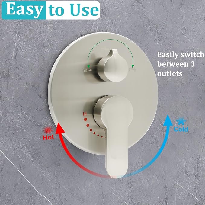 Wall Mount Brushed Nickel Pressure Balancing Shower Diverter Mixing Valve 3 Way - Image 2