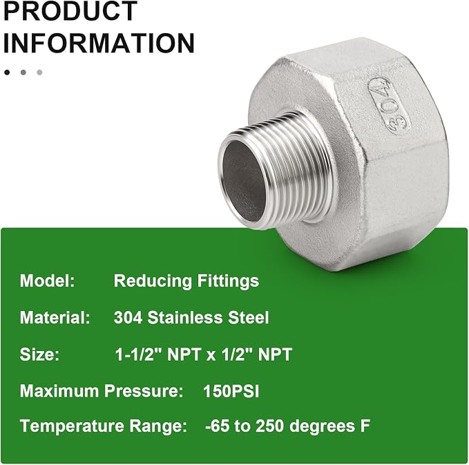 TAISHER 2PCS 304 Stainless Steel Pipe Fitting, 1/2" NPT Male x 1-1/2" NPT Female - Image 5