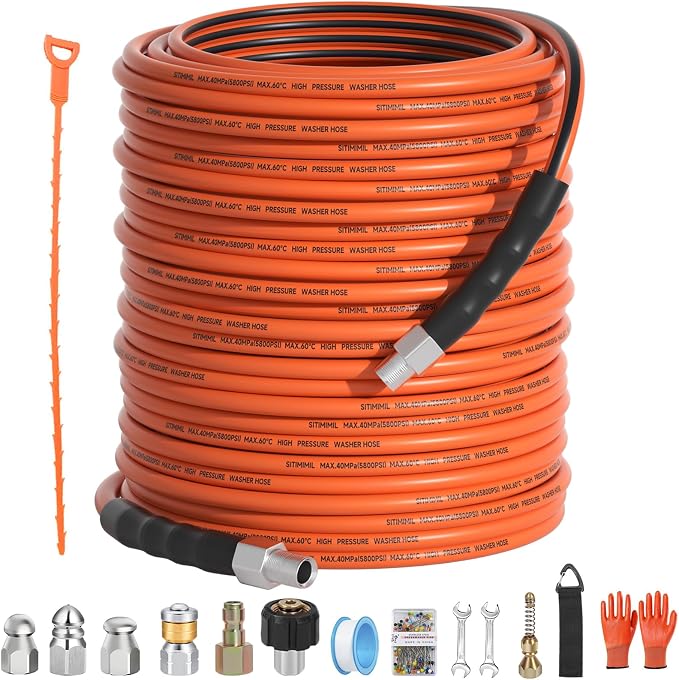 Sewer Jetter Kit for Pressure Washer 200FT, 5800psi Drain Cleaner Hose 1/4 Inch by SITIMIMIL