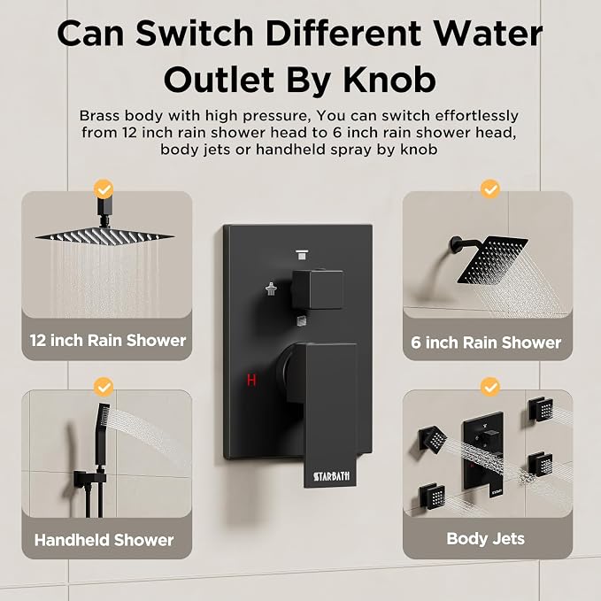 Shower Systems with 4 Body Spray Jets, STARBATH 4 Way 12+6" Rainfall Shower - Image 2