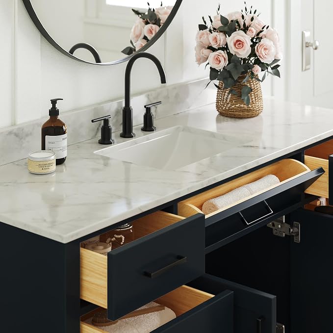 ARIEL Bathroom Vanity 61" Midnight Blue, Italian Carrara Marble Countertop & - Image 6