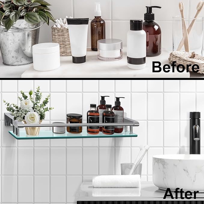 Glass Shelves for Bathroom, 20IN Rectangular Chrome Stainless Steel Tempered - Image 6