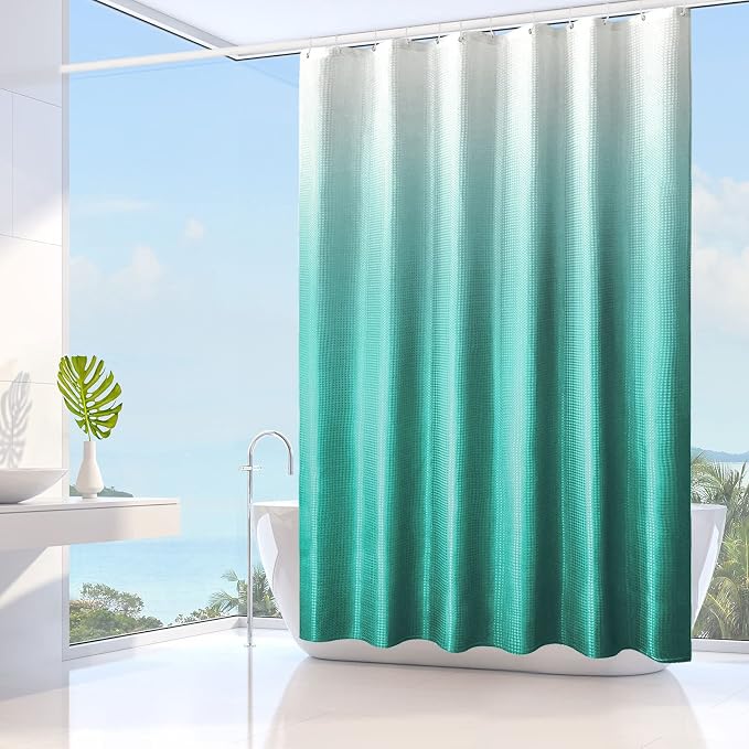 Gibelle Teal Shower Curtain for Bathroom, Waffle Weave Ombre Textured Fabric - Image 2