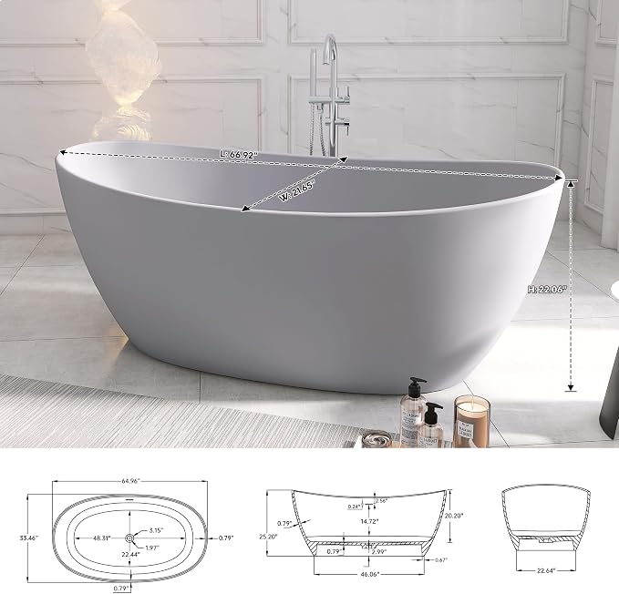 SJ STAR&JANE 65" Solid Surface Freestanding Bathtub Stone Resin Soaking Tub - Image 6