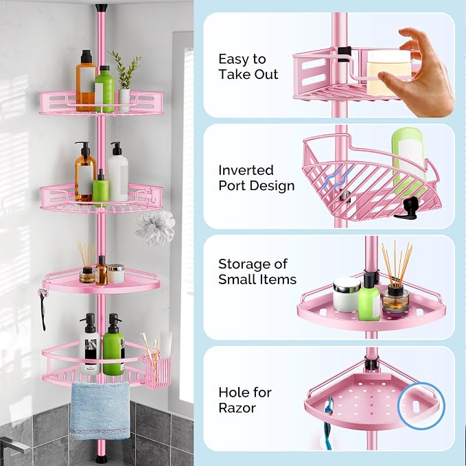 HAMITOR Corner Shower Caddy Tension Pole: Quick Installation 4-Tier Rustproof - Image 5