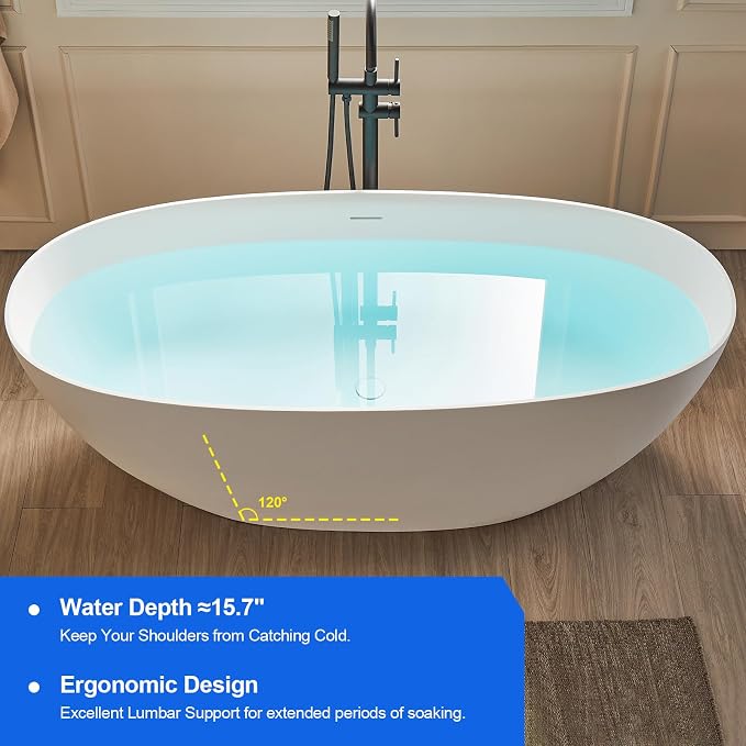 Cpingao 63" Solid Surface Freestanding Bathtub, Modern Oval Shape Soaking Tub - Image 4