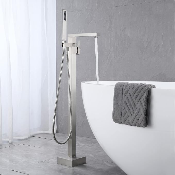 Freestanding Bathtub Faucet Tub Filler Brushed Nickel Floor Mount Bathroom - Image 3