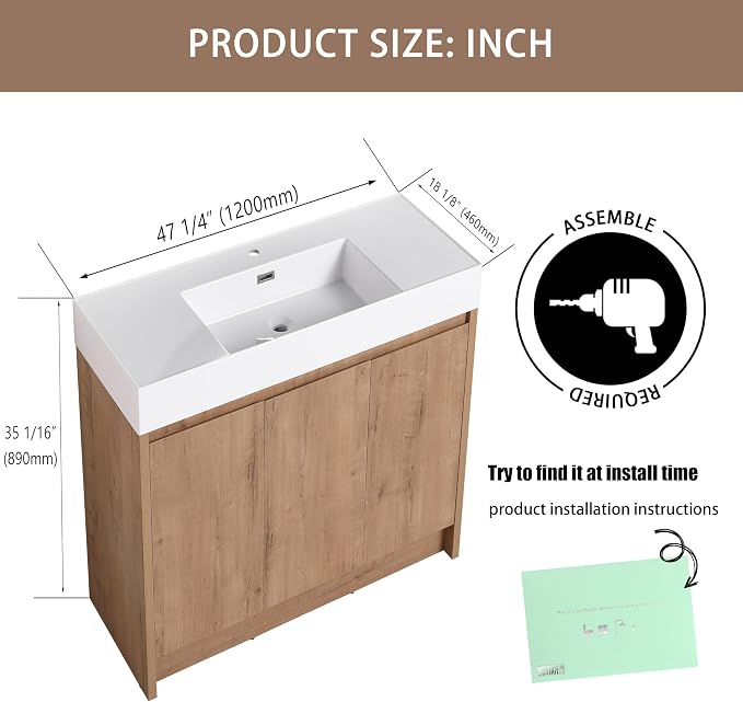 48 Inch Bathroom Vanity with Sink, Freestanding Bathroom Vanity with Middle - Image 2